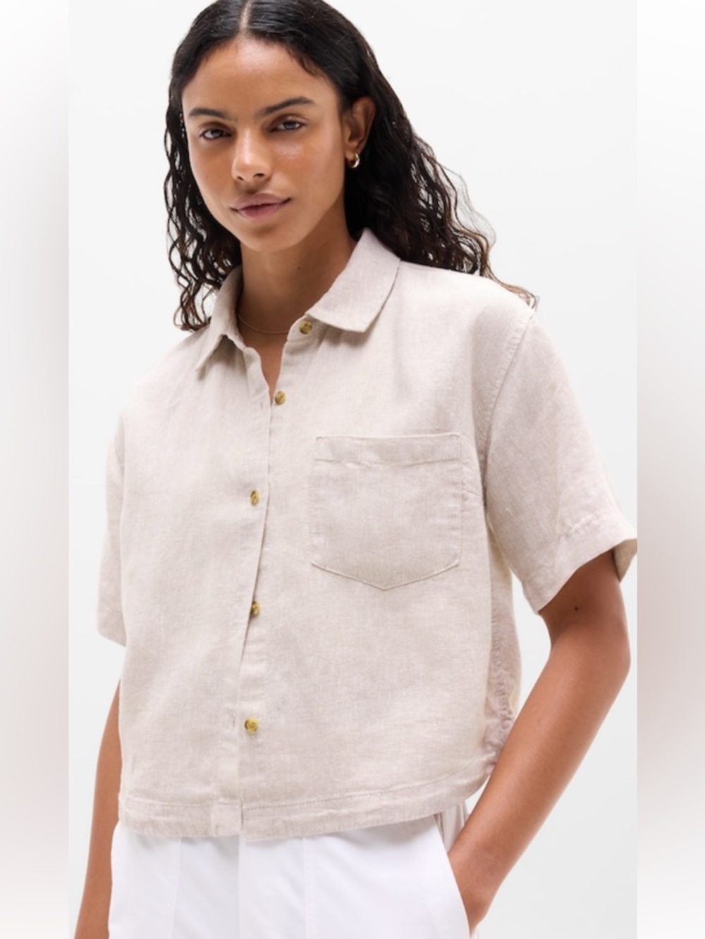 ATHLETA Women’s Undyed Retreat Cropped Short Sleeve Shirt Natural Beige Medium